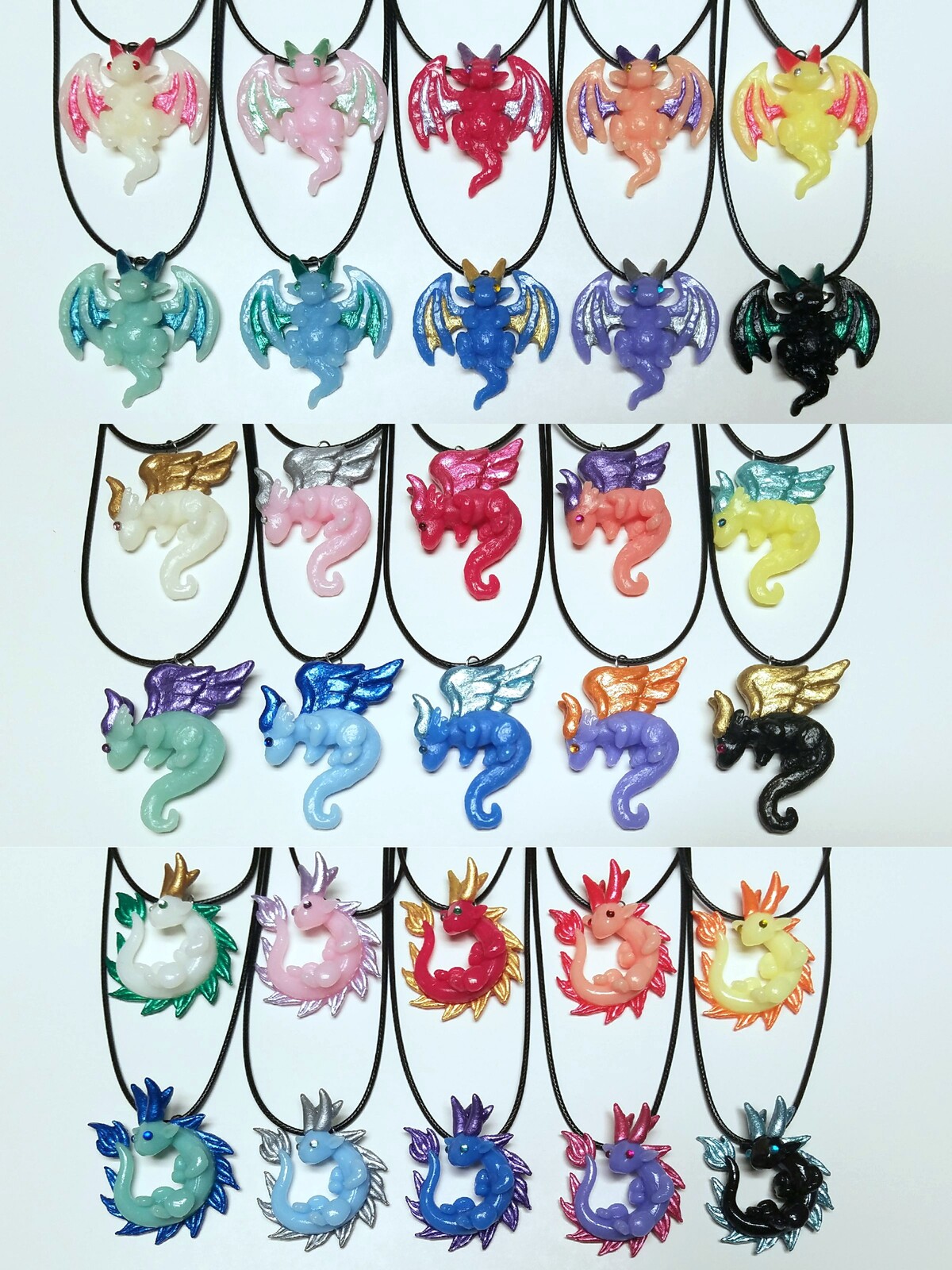 Dragon necklaces that can also be magnets. Roughly 1.5-2 inches and come in a variety of colors and styles. Resin cast with hand painted details. 