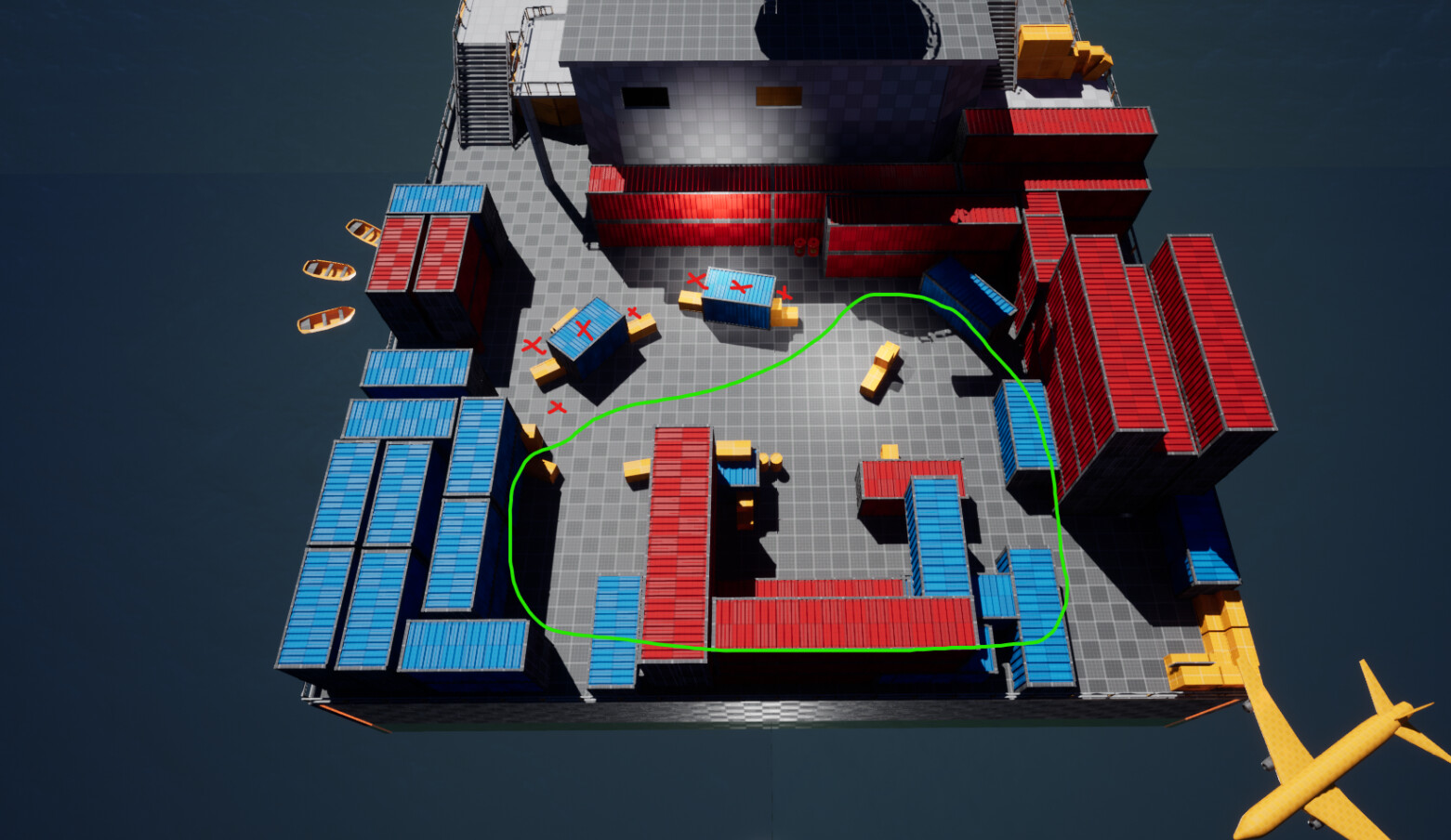 Ending area. Players will hold off waves of enemies for 1.5-2 minutes while they wait for extraction. 

Red = enemy placement
Green = play space for player