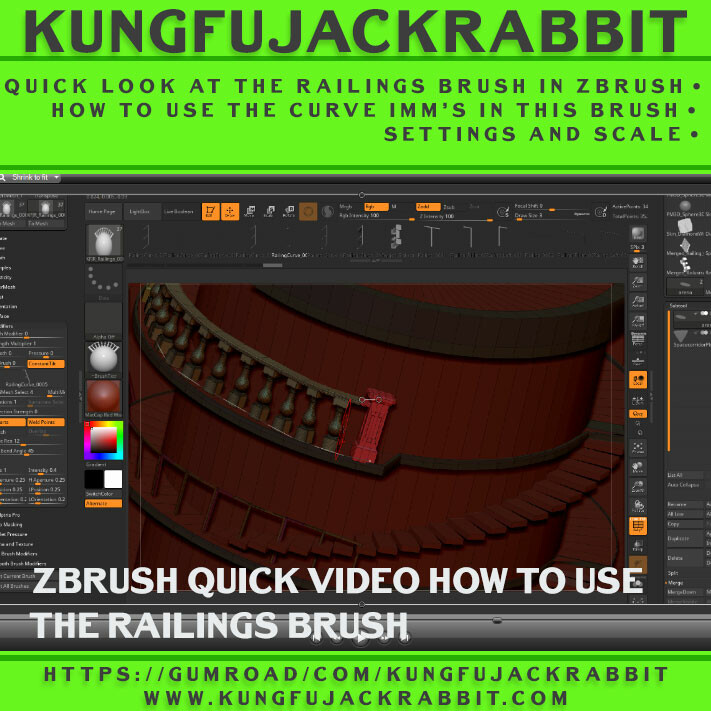 I made this tutorial video on Tools I create and sell in Zbrush to build railings easily.