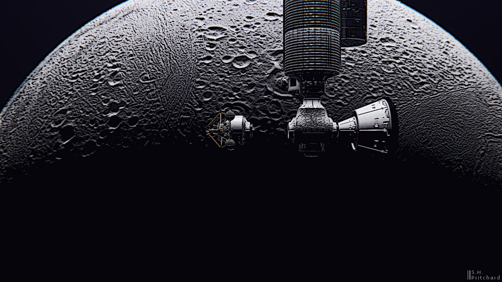 The Alcyoneus lander detaches from the central berthing node and prepares to descend to the icy surface of Enceladus. 