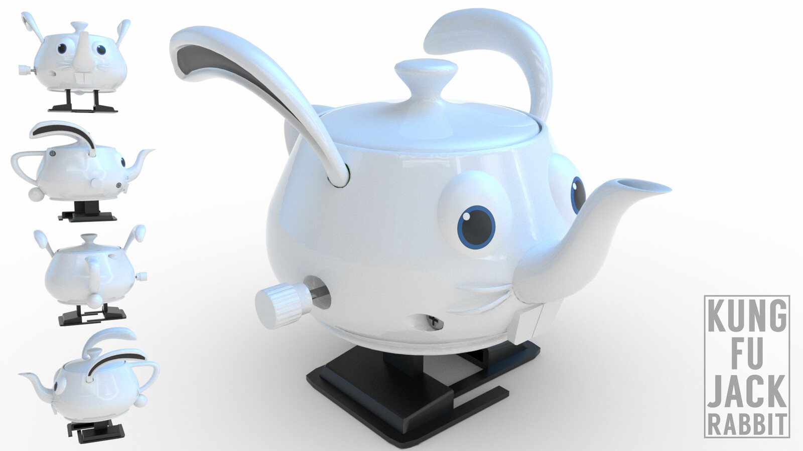 Pixar -ish tribute. I have a small collection of the Pixar teapots you get at siggraph and I made this teapot as a Kungfujackrabbit rendition of the teapot. I love my little collection and I cant wait to 3D print this. 