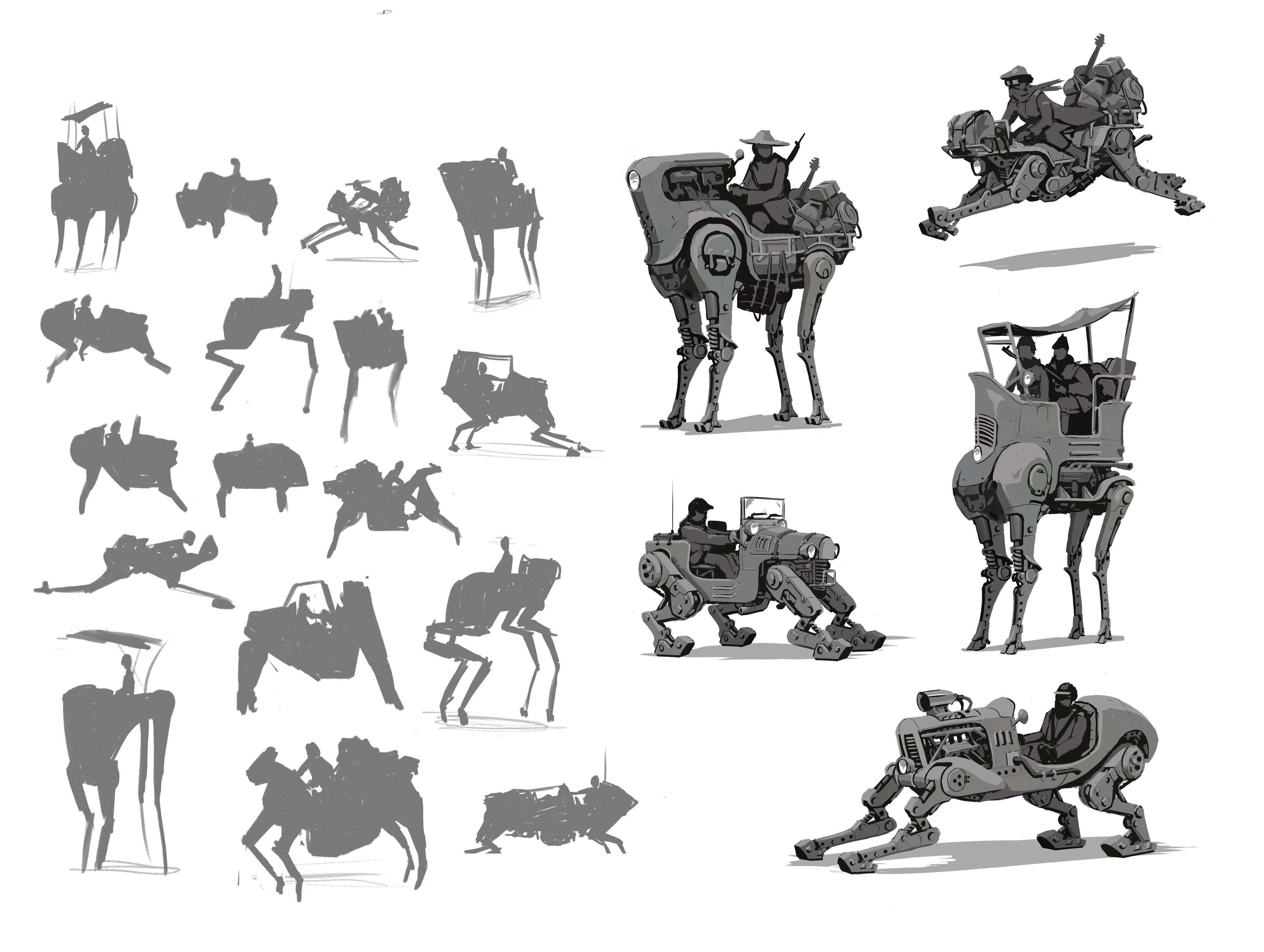 Exploring dieselpunk quadruped mechs, from silhouettes to more refined thumbnails.