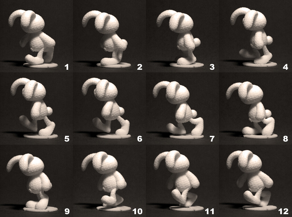 12 3D Printed Frames of Rabbit Walk Cycle