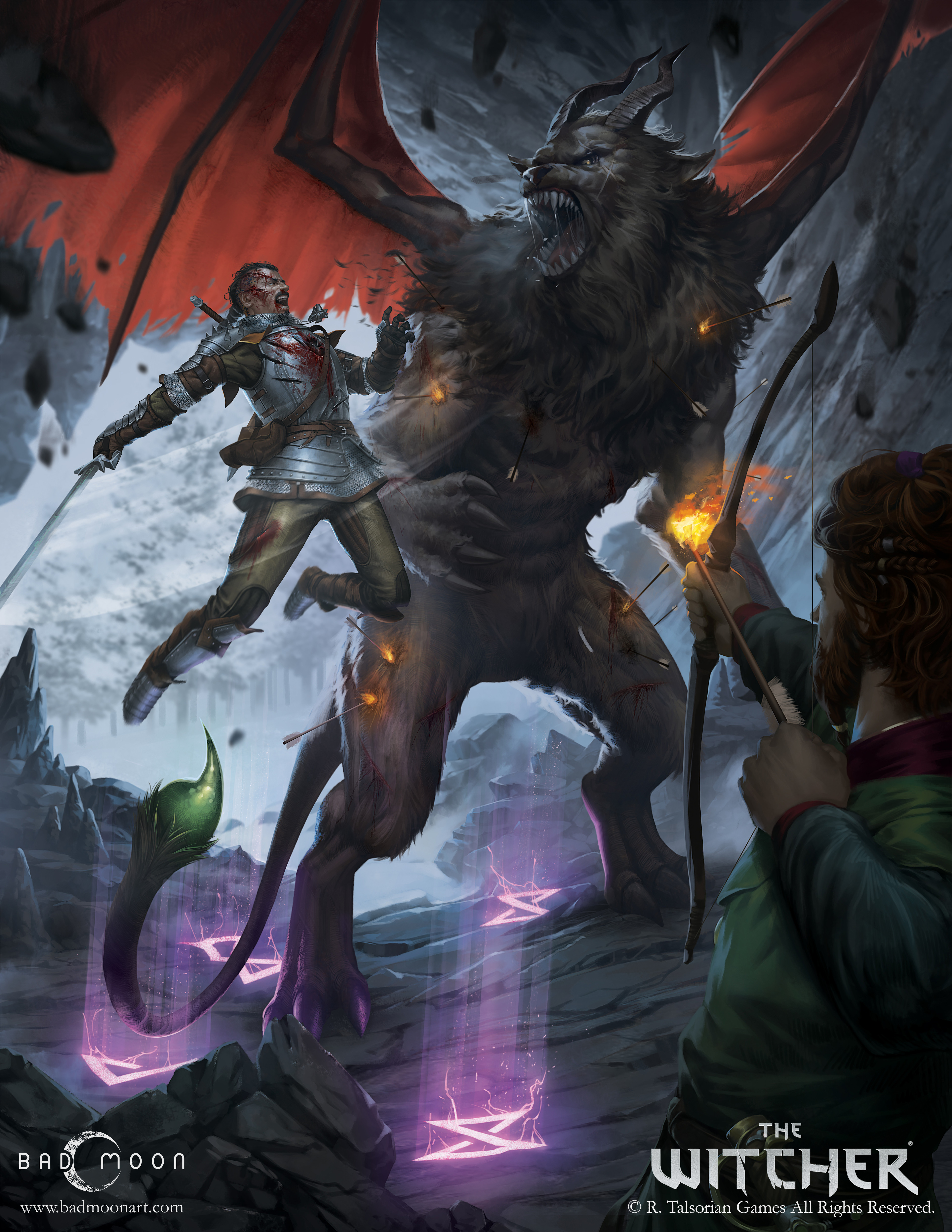Erland of Larvik Fighting a Manticore that nearly took his life as Vaz of Ban Ard assists the Witcher.