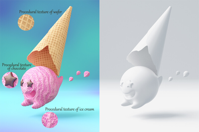 Natalya Zelenova Escaped ice cream. Procedural 3d materials for