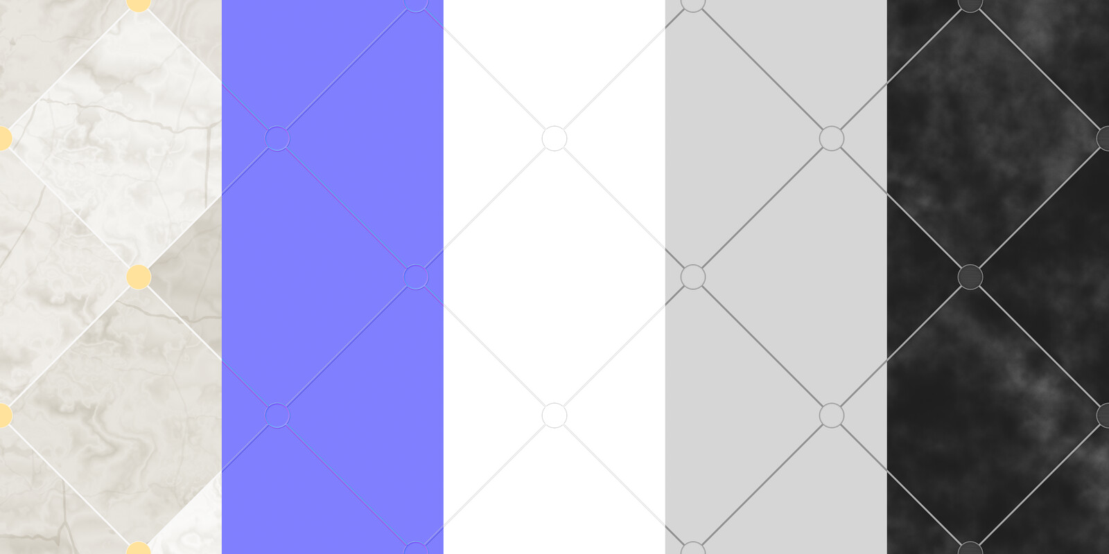 From left to right; Base Color, Normals, AO, Height, Roughness