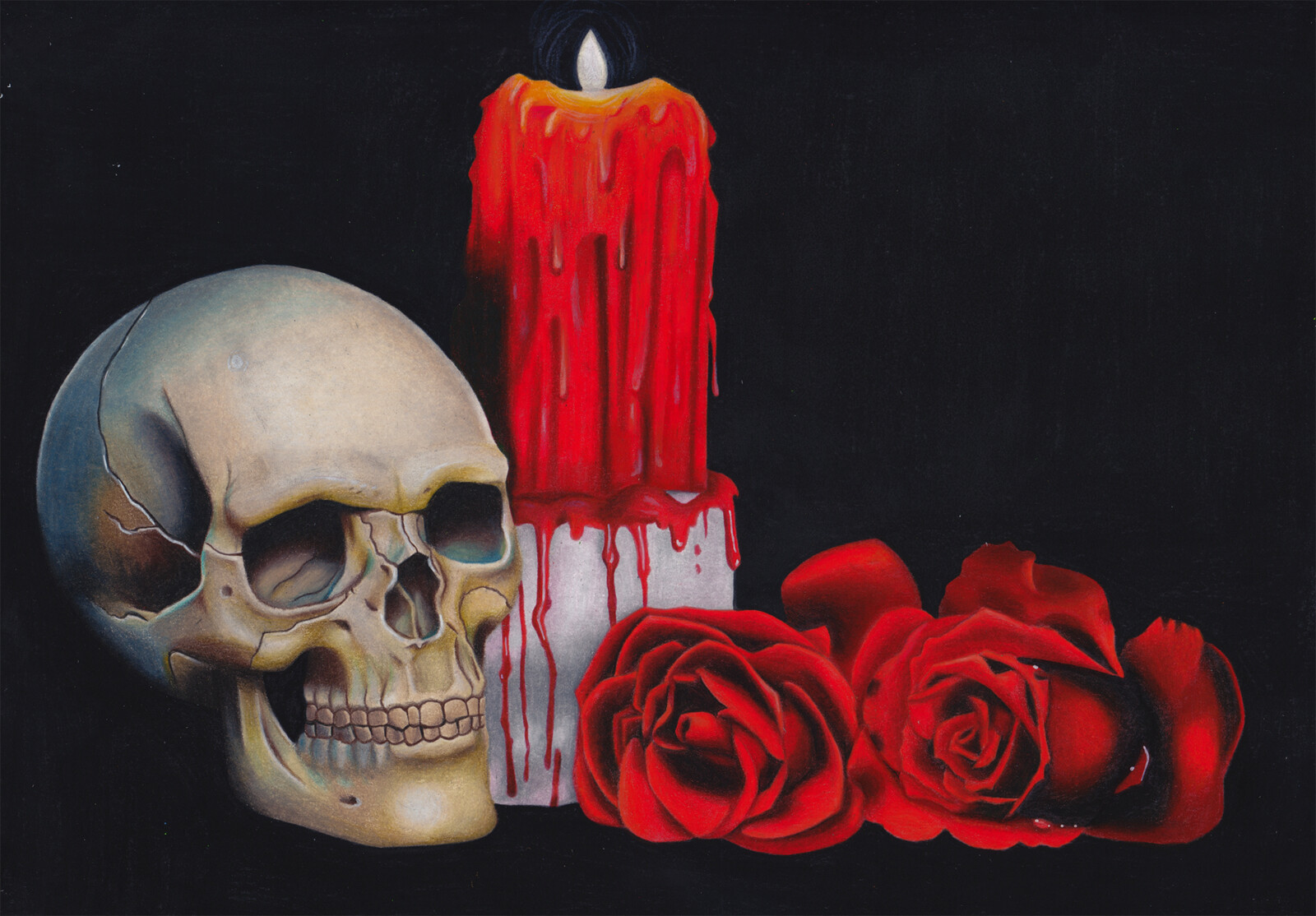 Artstation Still Life Skull With Candle And Roses Tamara Verbeek