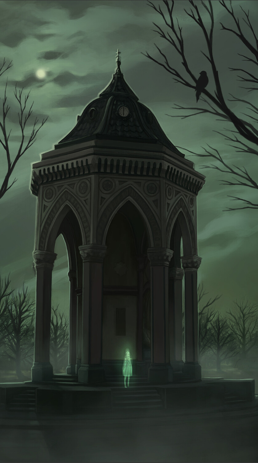 These are the original colours that I painted the piece in but I tinted the whole scene more towards blue than green in the end to fit the mood I was going for. I still like the original a lot though.