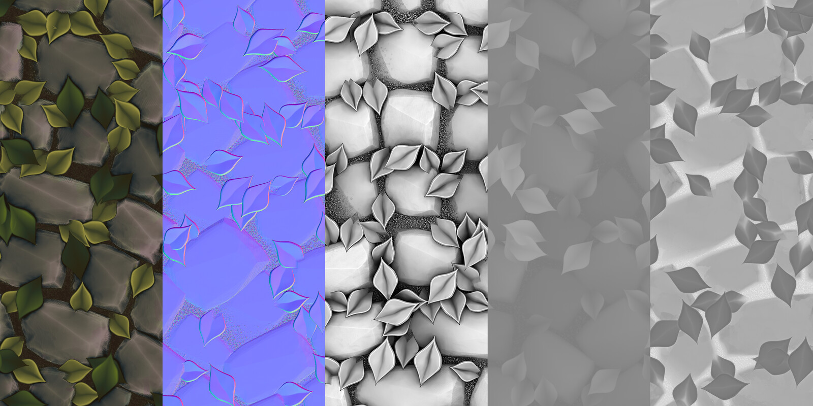 From left to right; Base Color, Normals, AO, Height, Roughness