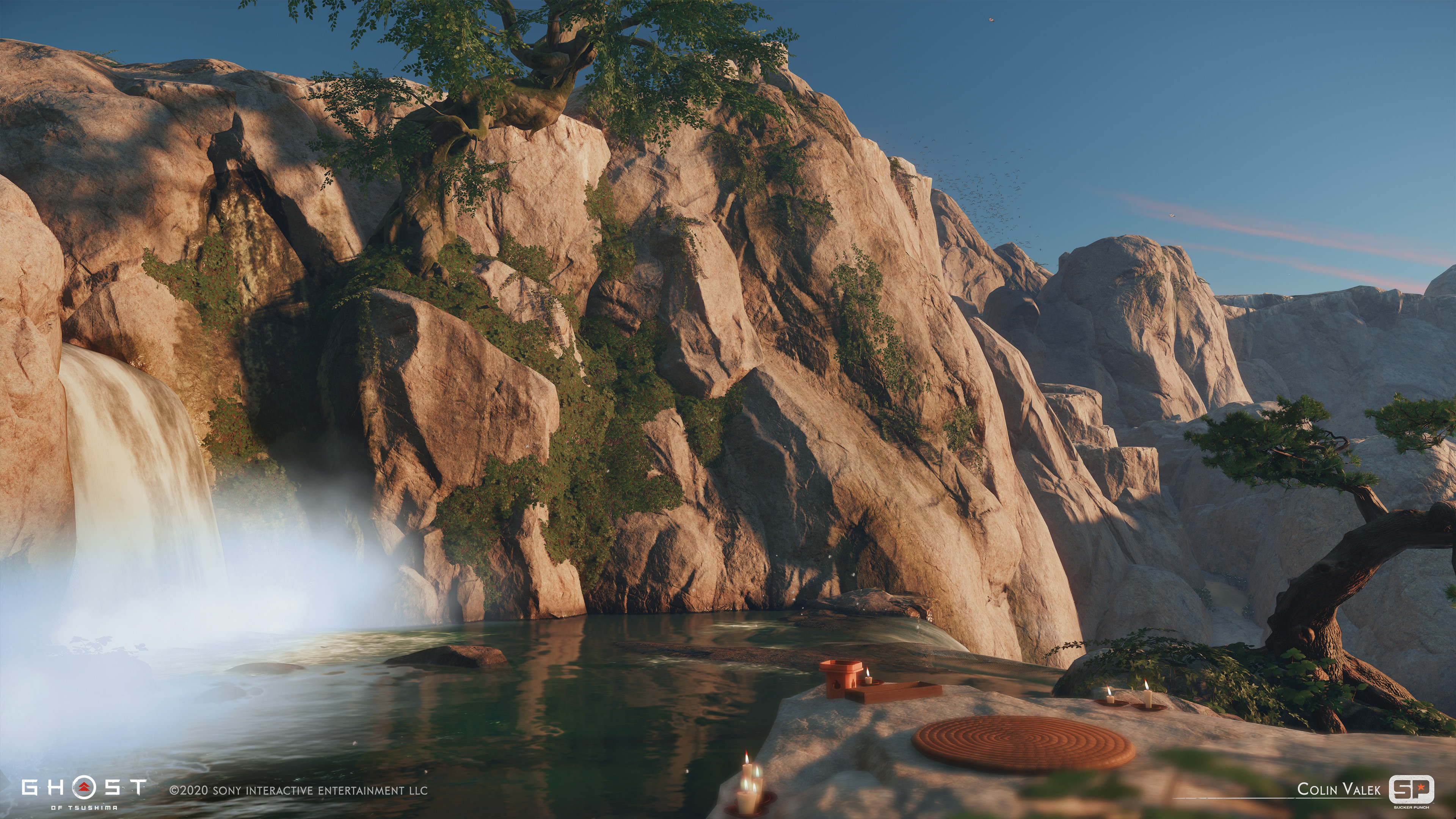 A haiku location next to a waterfall.
