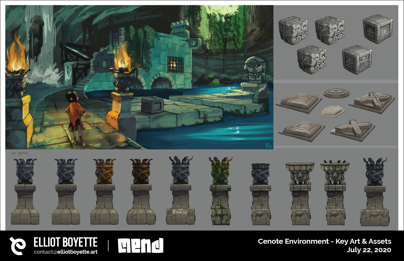 Original mood art for the cenote along with some brazier designs.