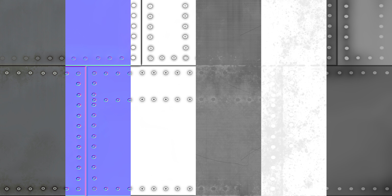 From left to right: Base color, Normals, AO, Rough, Metal, Height