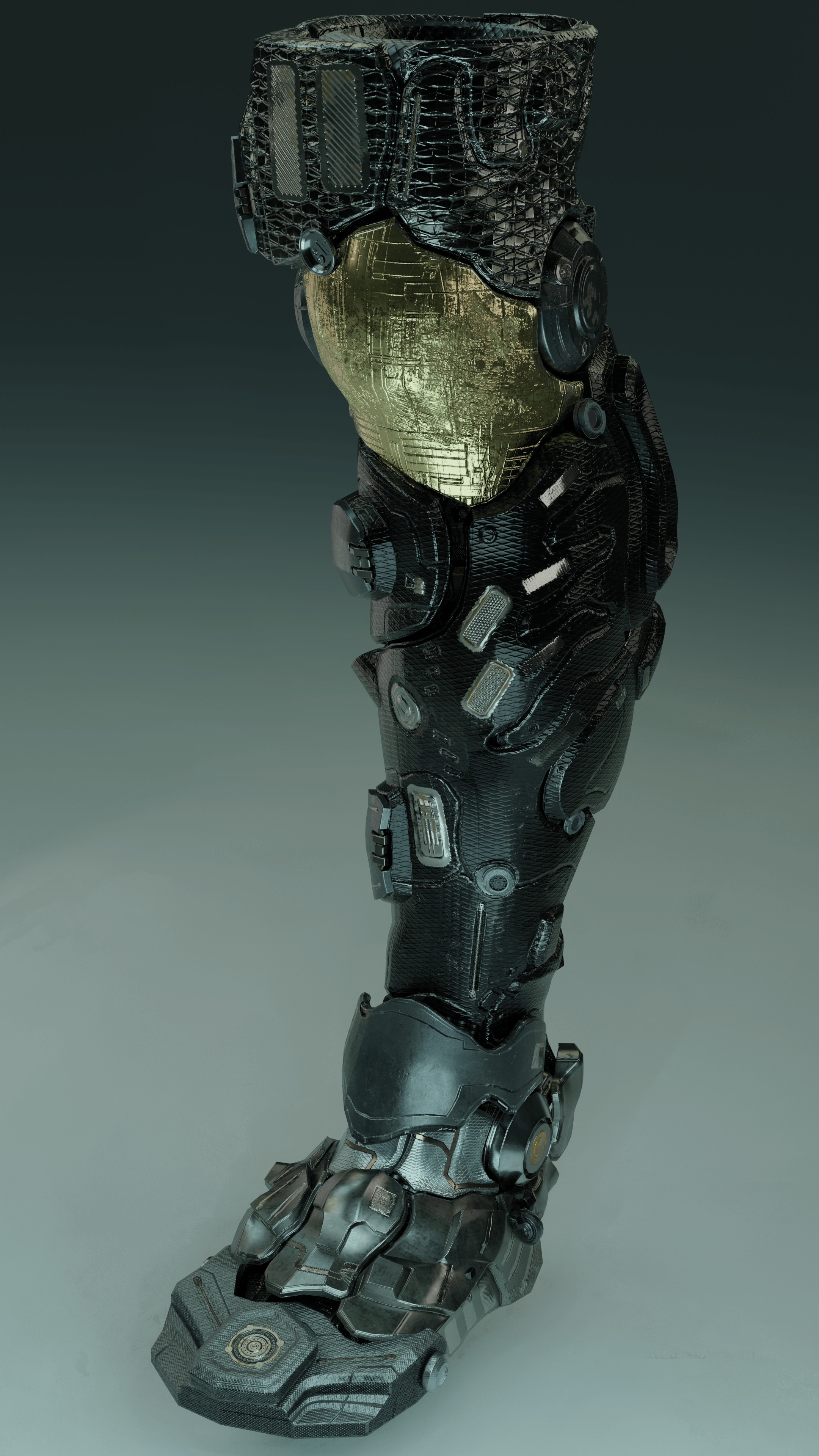 Final render of Sci Fi themed prosthetic leg inspired by Deus Ex. 
