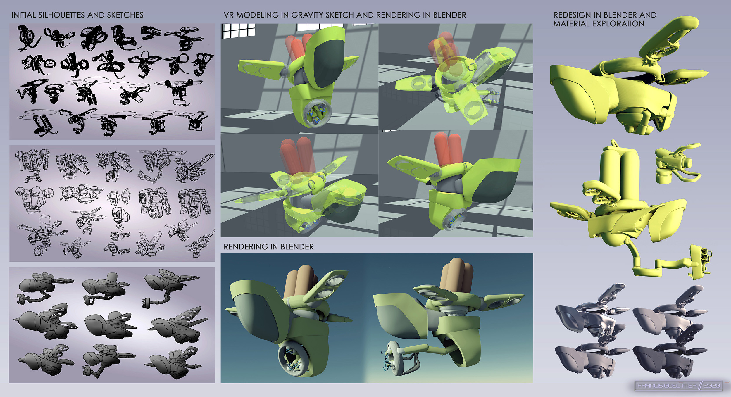 Initial development stages: Ideation sketches, Gravity Sketch model, Blender renders, refined design in Blender, material renders