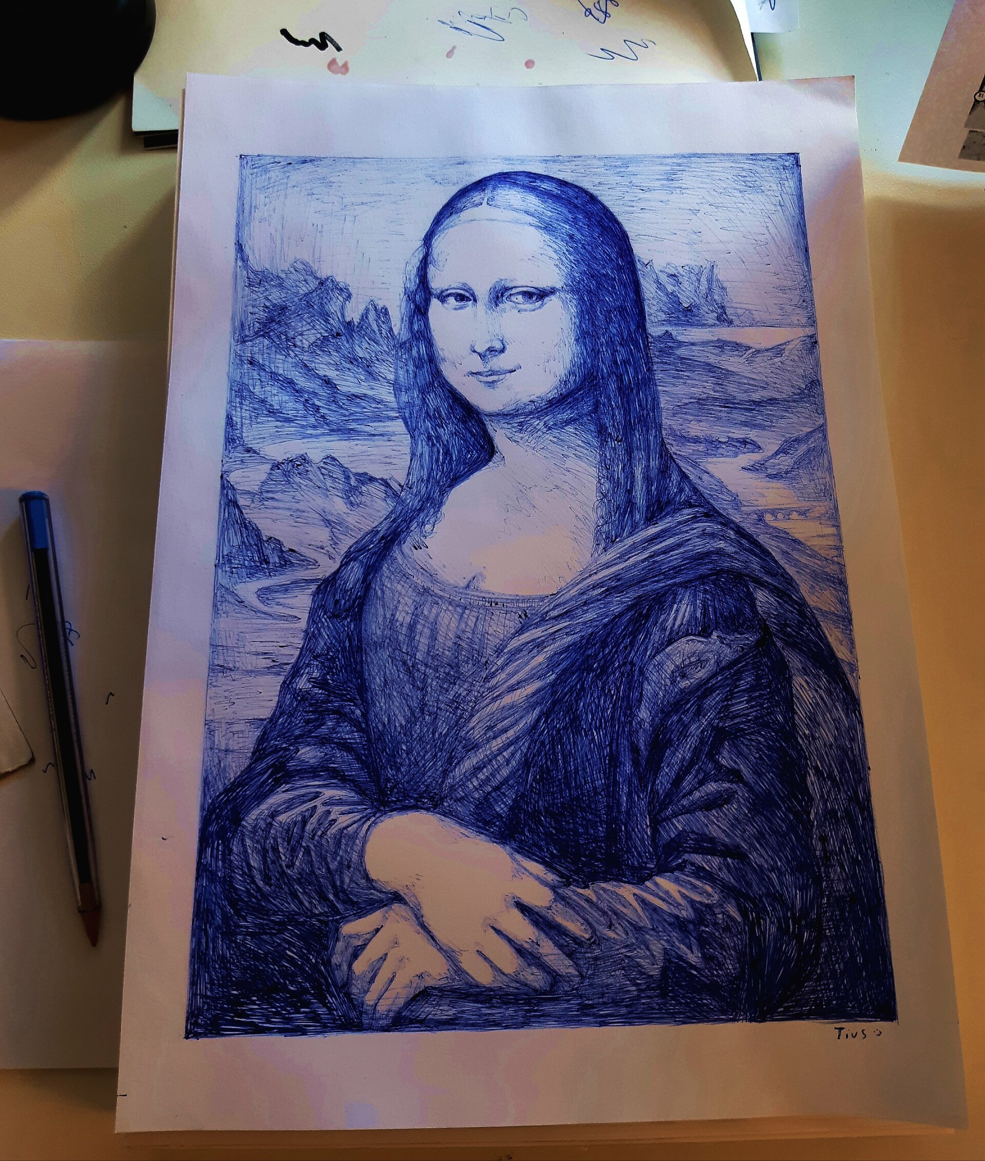 Drawing of Leonardo Da Vinci drawing Mona Lisa, by | Stable Diffusion