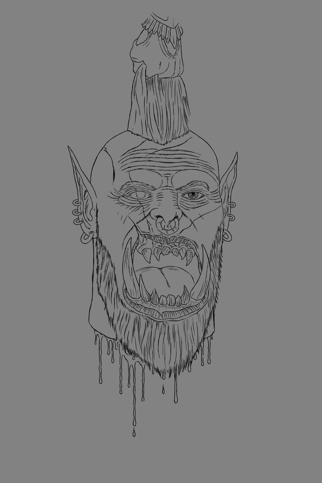 Decapitated orc head line work.  