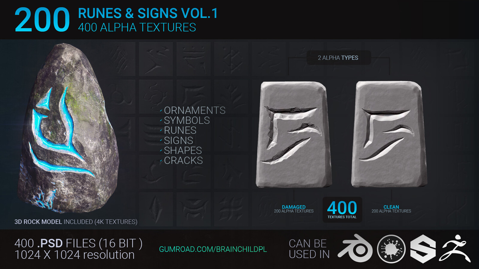 200 Runes (400 Alpha Textures)| Symbols | Ornaments | Signs | Shapes | Alpha Texture Zbrush Blender | Zbrush &amp; Blender Brushes | Zbrush Alphas | Zbrush Brushes | Zbrush Alpha Textures | Damage Alpha Textures 