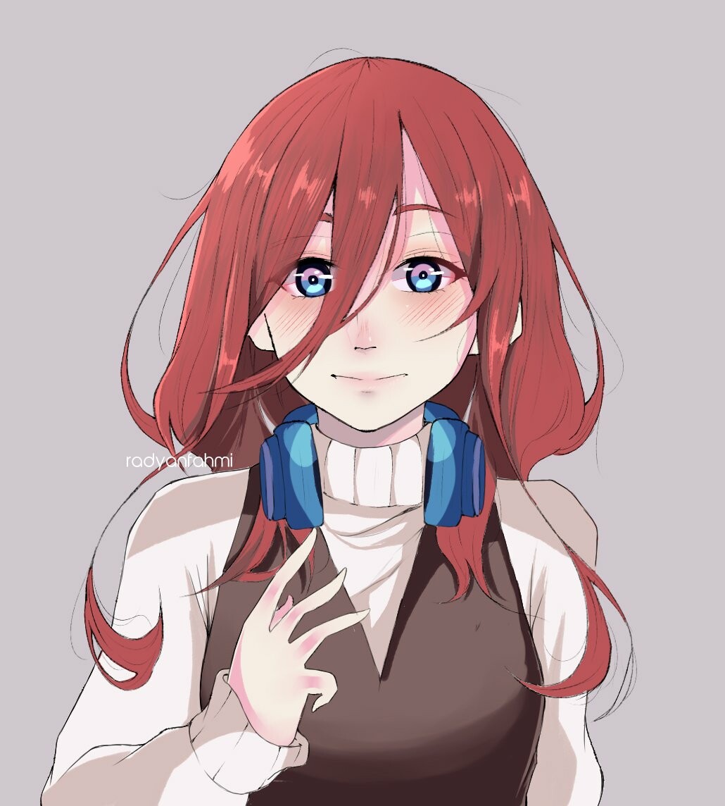 Artstation Miku Nakano Gotoubun No Hanayome Radyan Fahmi Tu eres un chico ordinario de preparatoria que conoce a una nueva estudiante en su grupo de cabello color rojo, ojos azules, audífonos y medias negras; artstation miku nakano gotoubun no