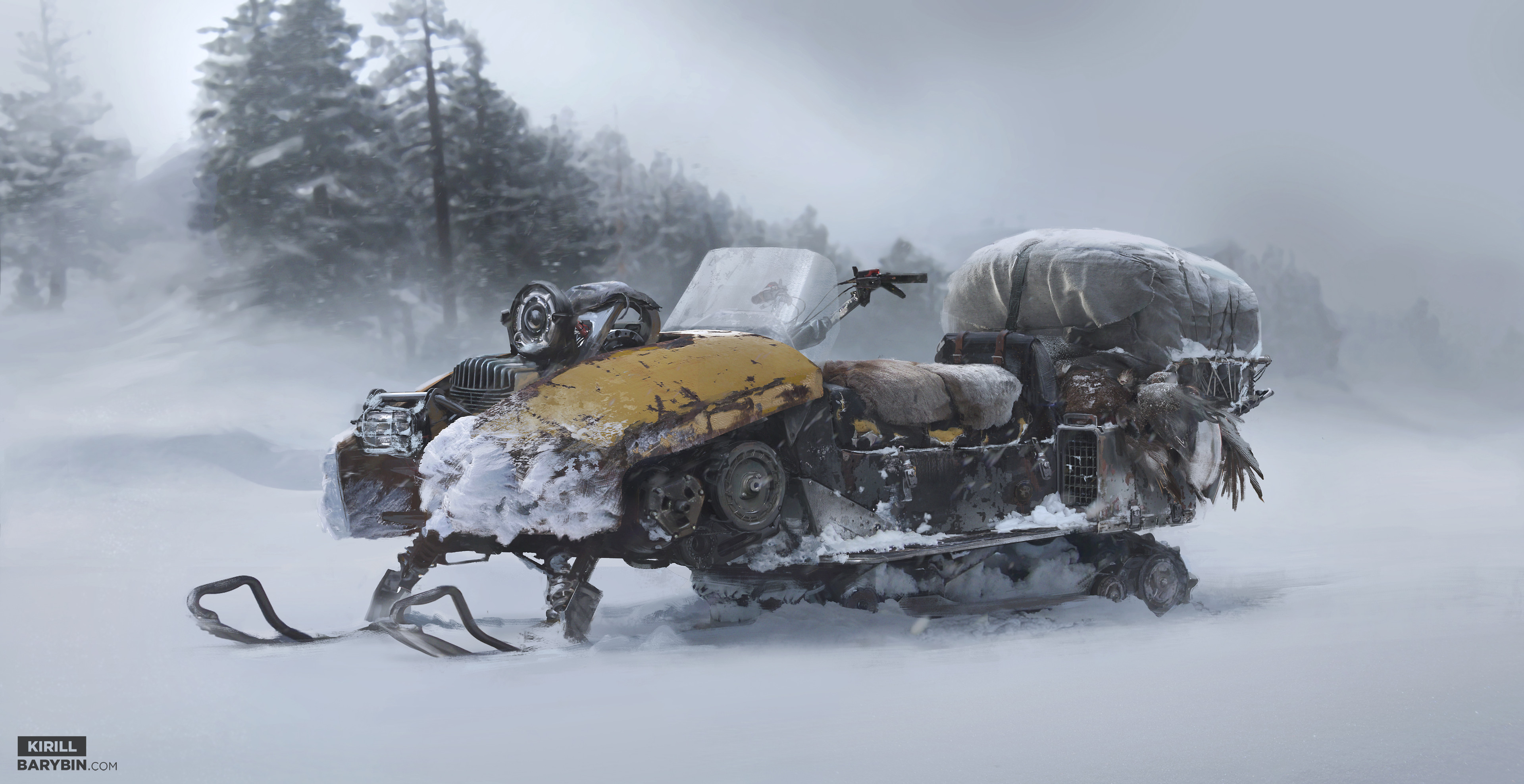 Semyon doesn´t have access to modern technology. He tries to come by with what he can accumulate and buy on the market. 
The experienced trapper modified his old snowmobile and his simple axe to gear up for the incoming threat.