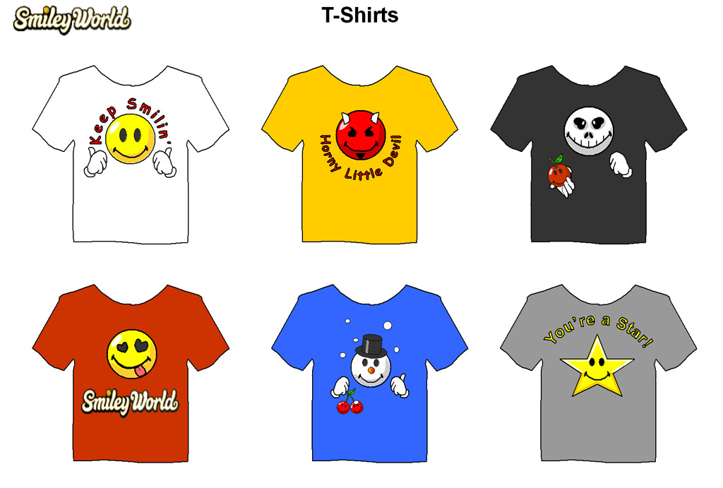 Illustration to give examples of how the Smiley characters would work for various T-Shirt designs.