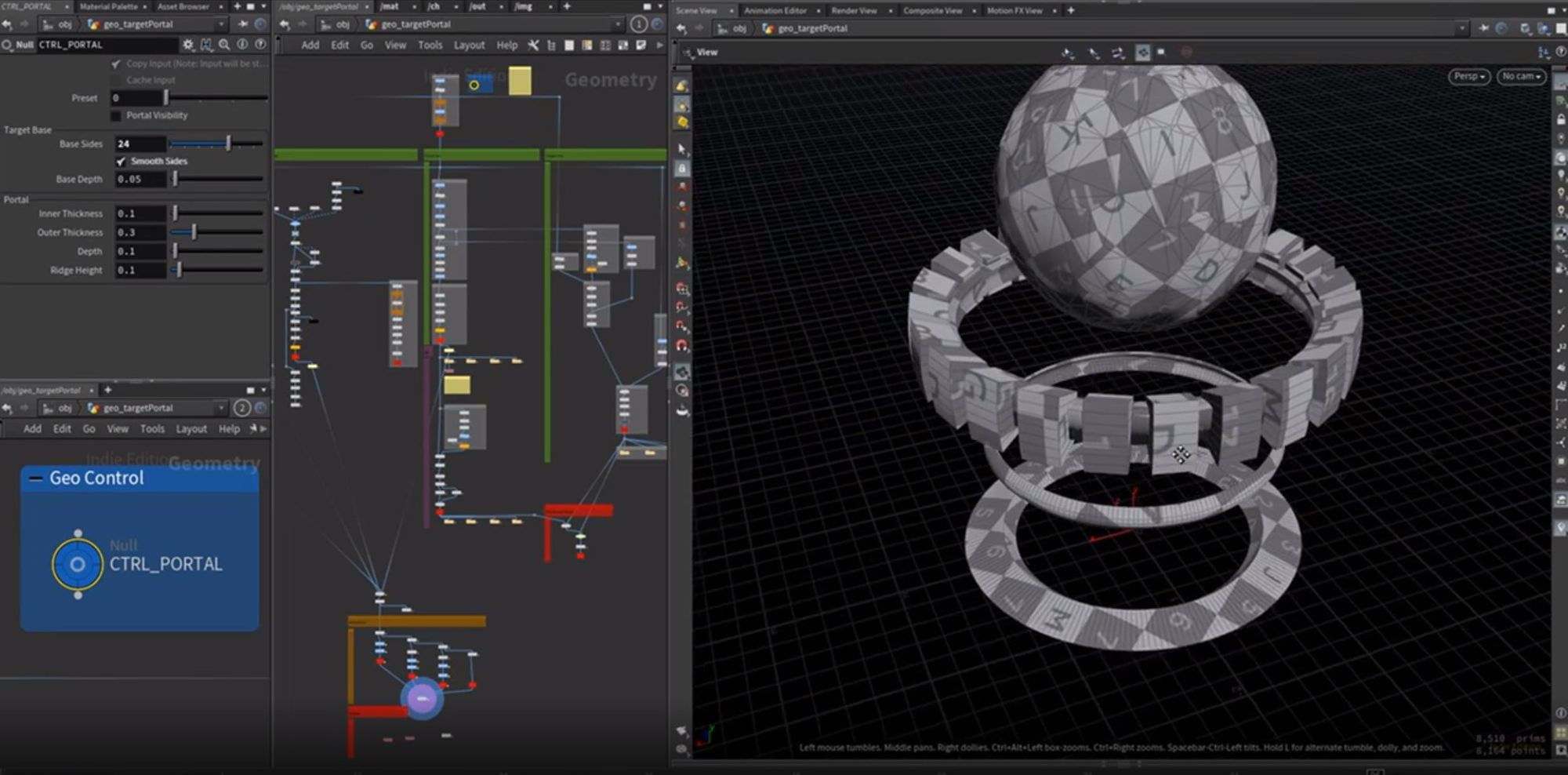 Procedural modelling strategy in Houdini to generate the low-poly geometry assets and their corresponding UV layouts. 