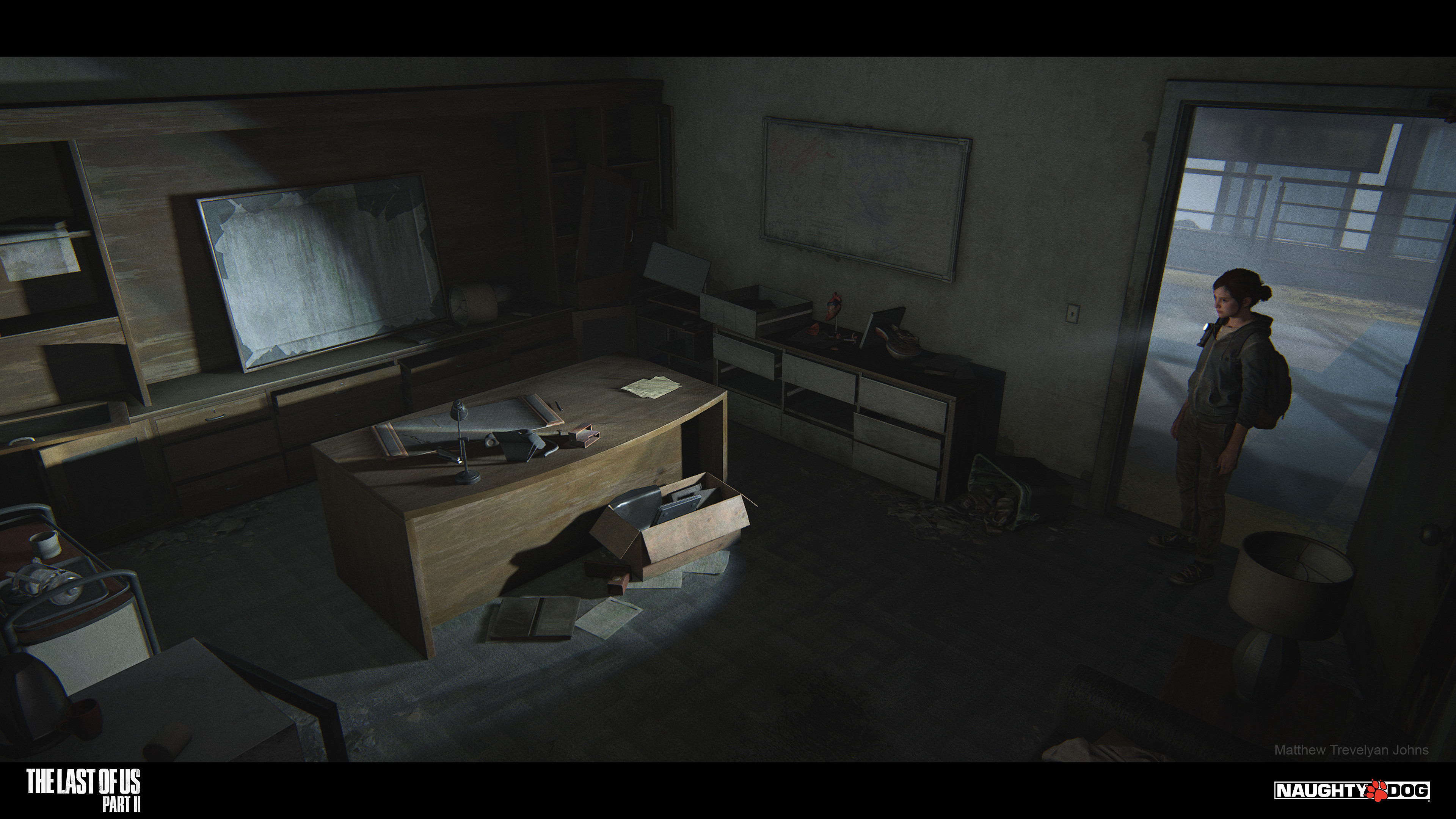 The same process occurred throughout the room, with each minor prop considered, moved, damaged or removed. A box of Jerry's belongings can be seen here in front of the desk also, little does Ellie know it contains scans of her own brain...