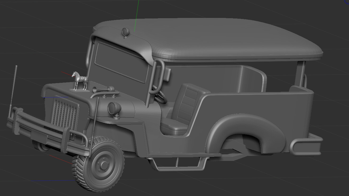Smooth high-poly in zbrush.  Any object that will repeat like wheels, lights and railings I only make one of and will duplicate at the very end.