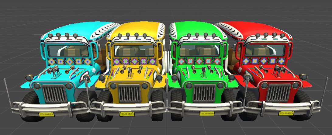 4 color variants in Unity.  The color change is done using a hue-shift custom shader to avoid needing multiple texture files.  In sketchfab though I had to make each material texture the old fashioned way.