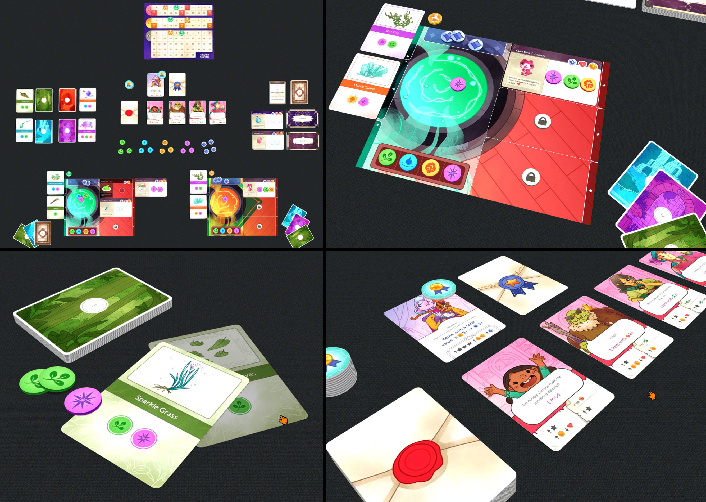 Gameplay Screenshots on Tabletopia showing the card art in context of the rest of the game.

Design and Art Direction by Ami Moore