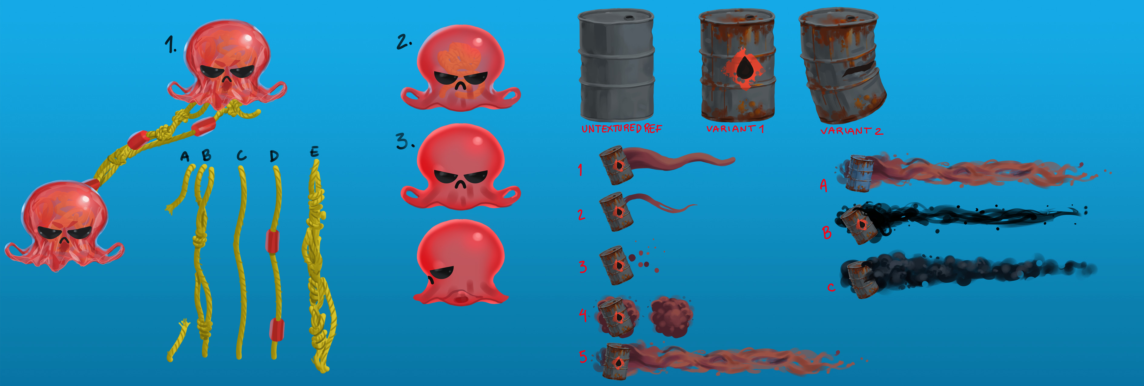 Concepts for enemies and obstacles

Since the theme of the game was pollution, all the enemies and obstacles were made out of man-made objects. Here the jellyfish and and wall are made out of plastic debris and an oil drum respectively.