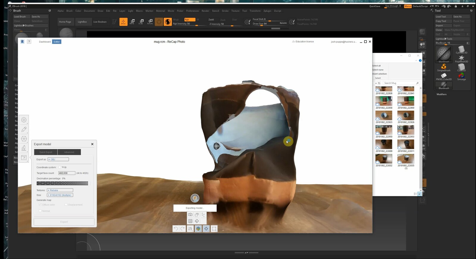 Revit ReCap Photogrammetry reconstruction of coffee mug pre-export for Zbrush.