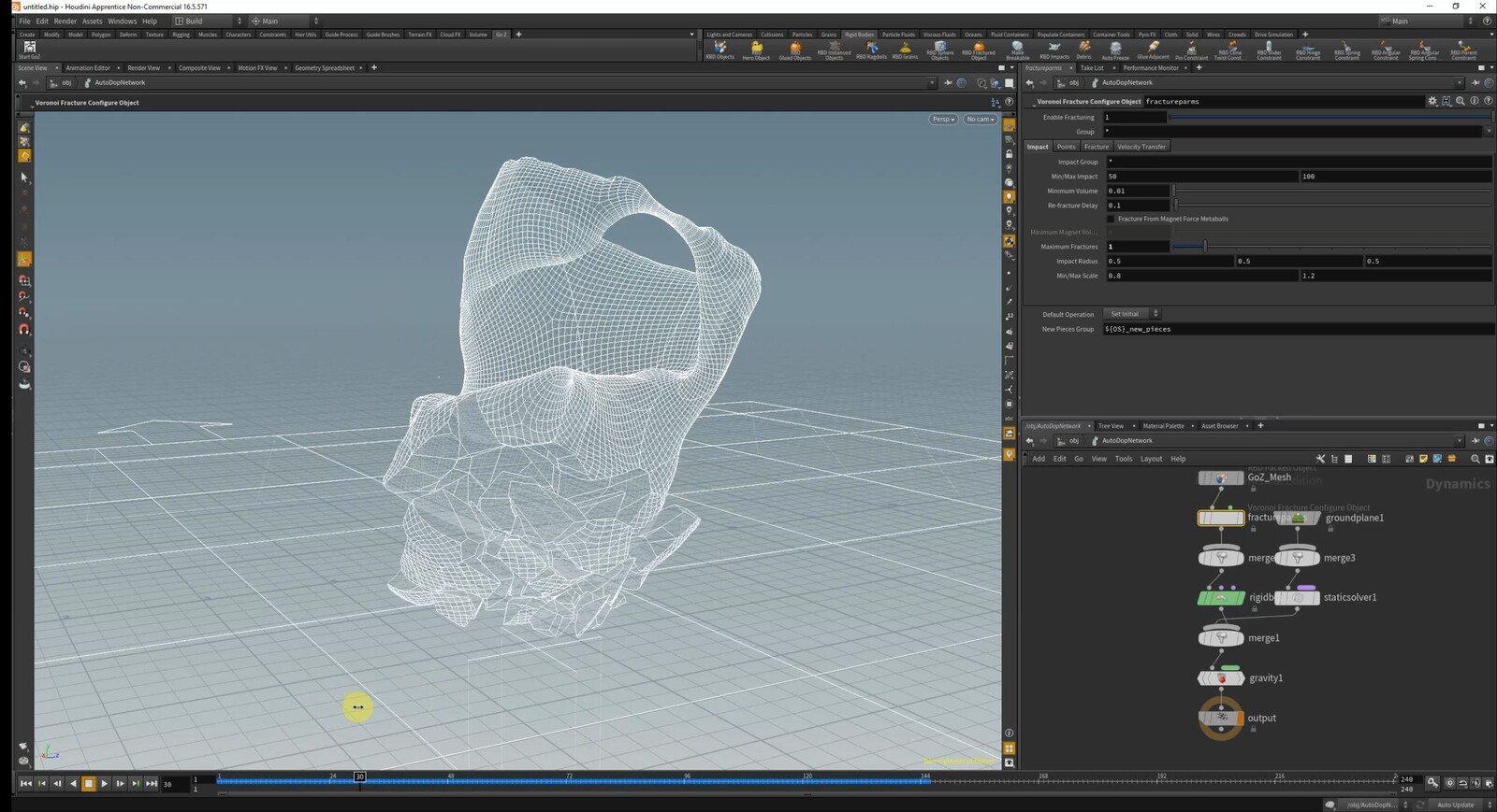 Mesh imported to houdini, beginning to explore shatter sims.