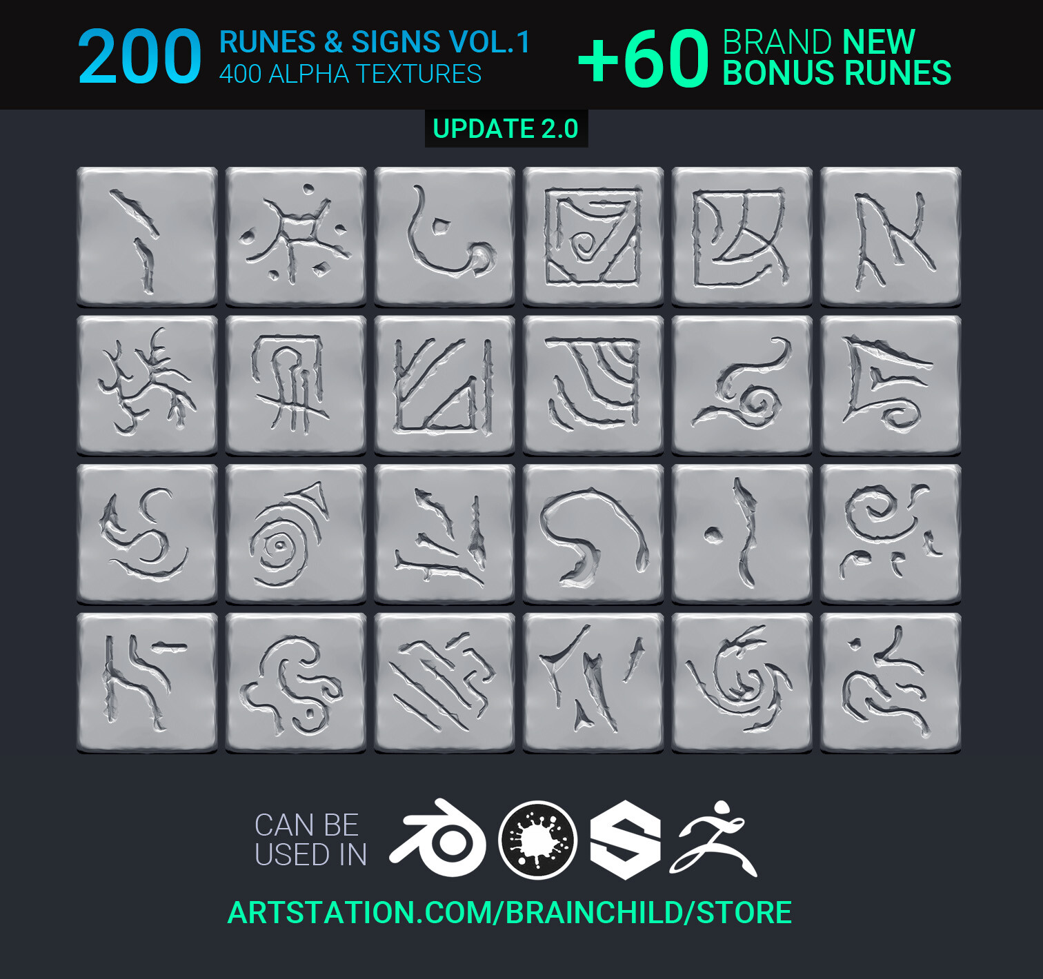 Buy it here  https://artstn.co/m/92kL | VOL.1 – 260 Runes/Symbols/Signs/Shapes (520 Alpha Textures)