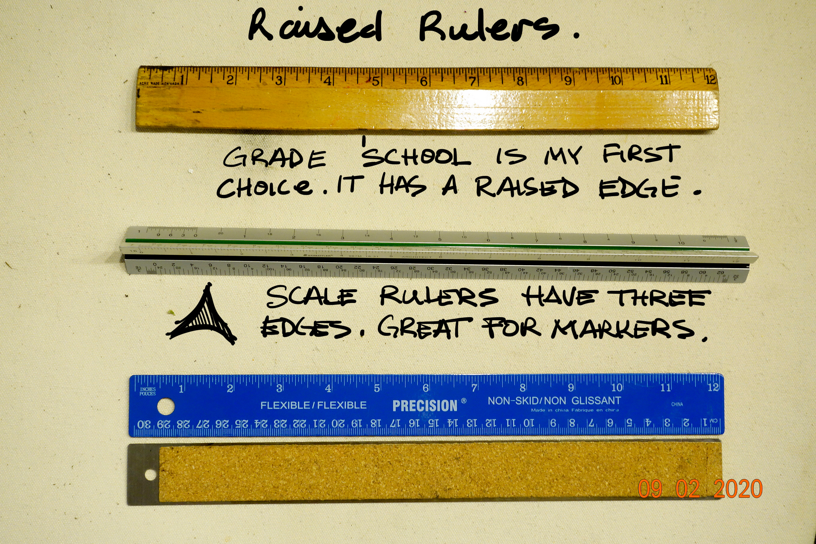 We use rulers for more than just measuring. I prefer a grade school ruler because of it's feel in my hands. When I want to draw a straight line with a brush, a shaped ruler that is raised acts as a great bridge for detailing with a brush.