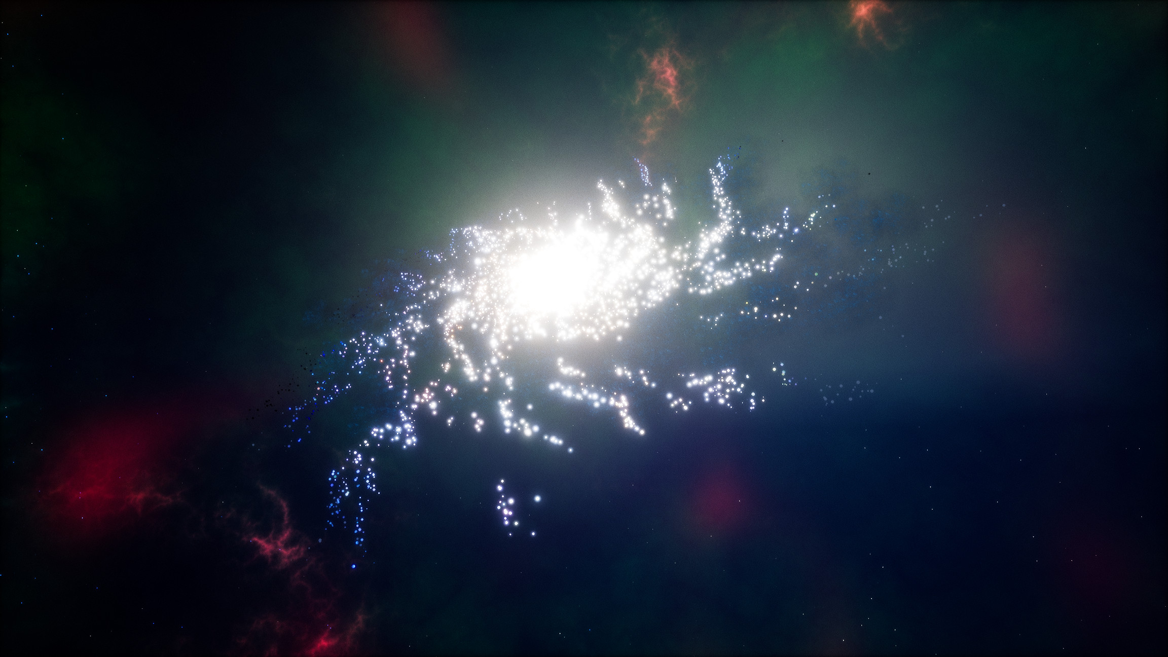Houdini generated shape of the galaxy. Gas cloud and little stars was added with particles that spawn inside the different mesh that fit all the planets and stars