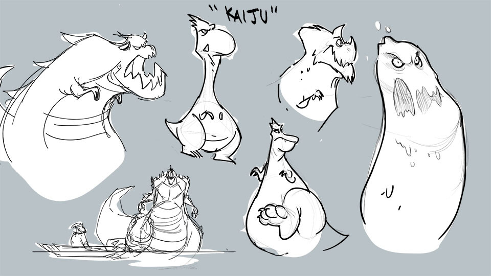 Designing the Kaiju Monster. I ended up going with a giant slime monster because it offered the most flexibility with comedic value in the action