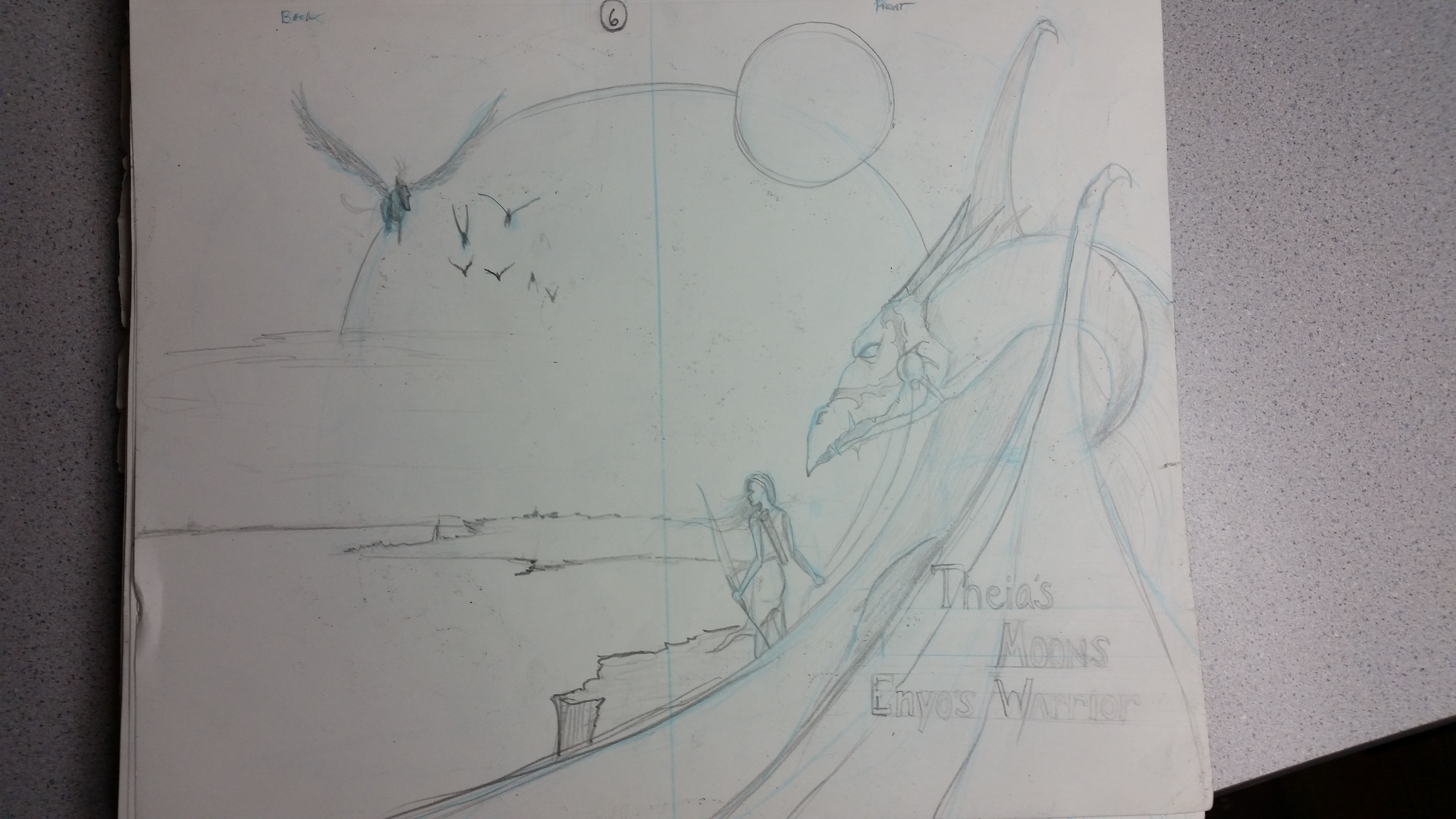 Sketch of book cover ideas and concepts for Theias Moons series
