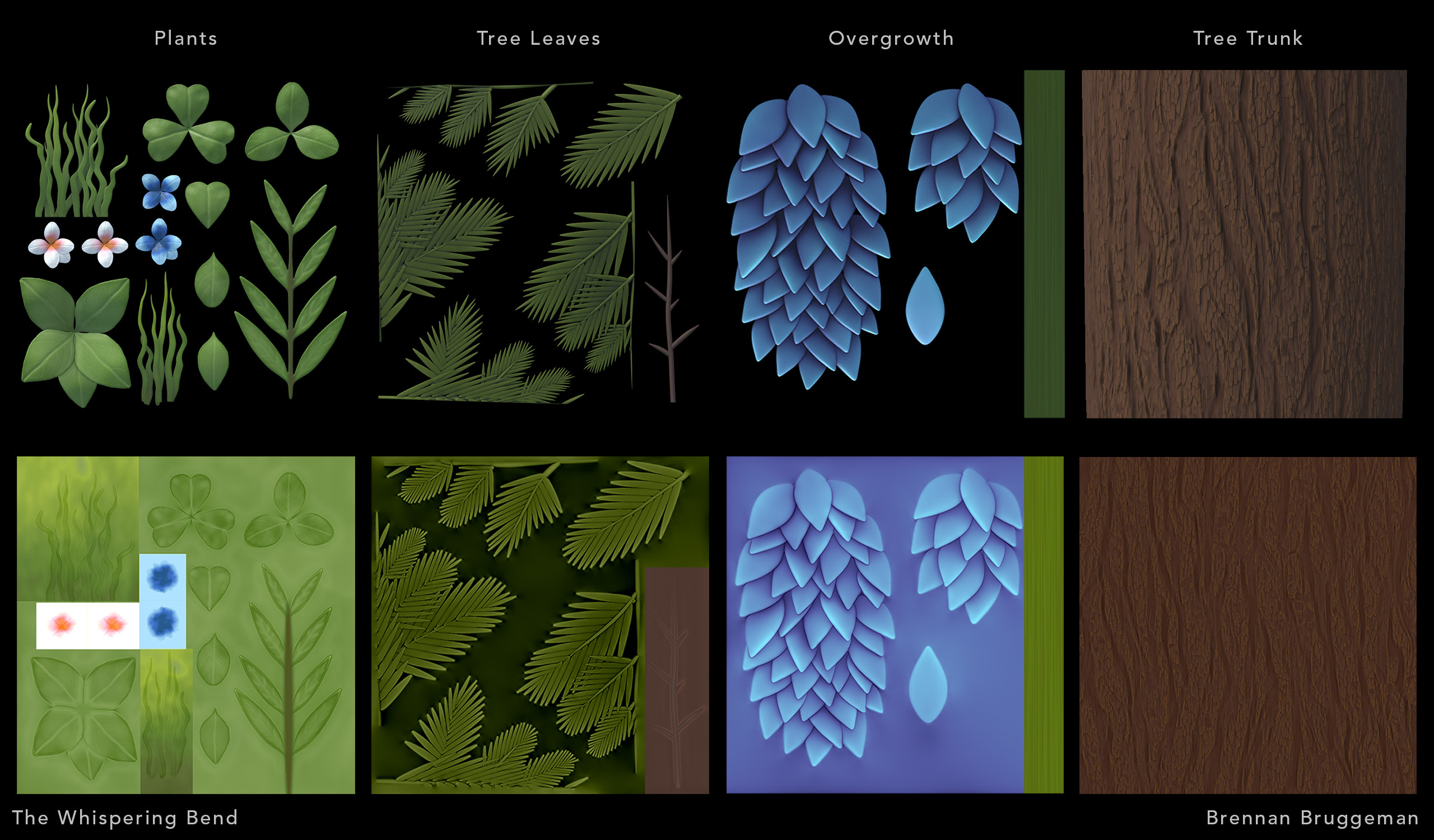 Foliage textures were created procedurally using Substance Designer.