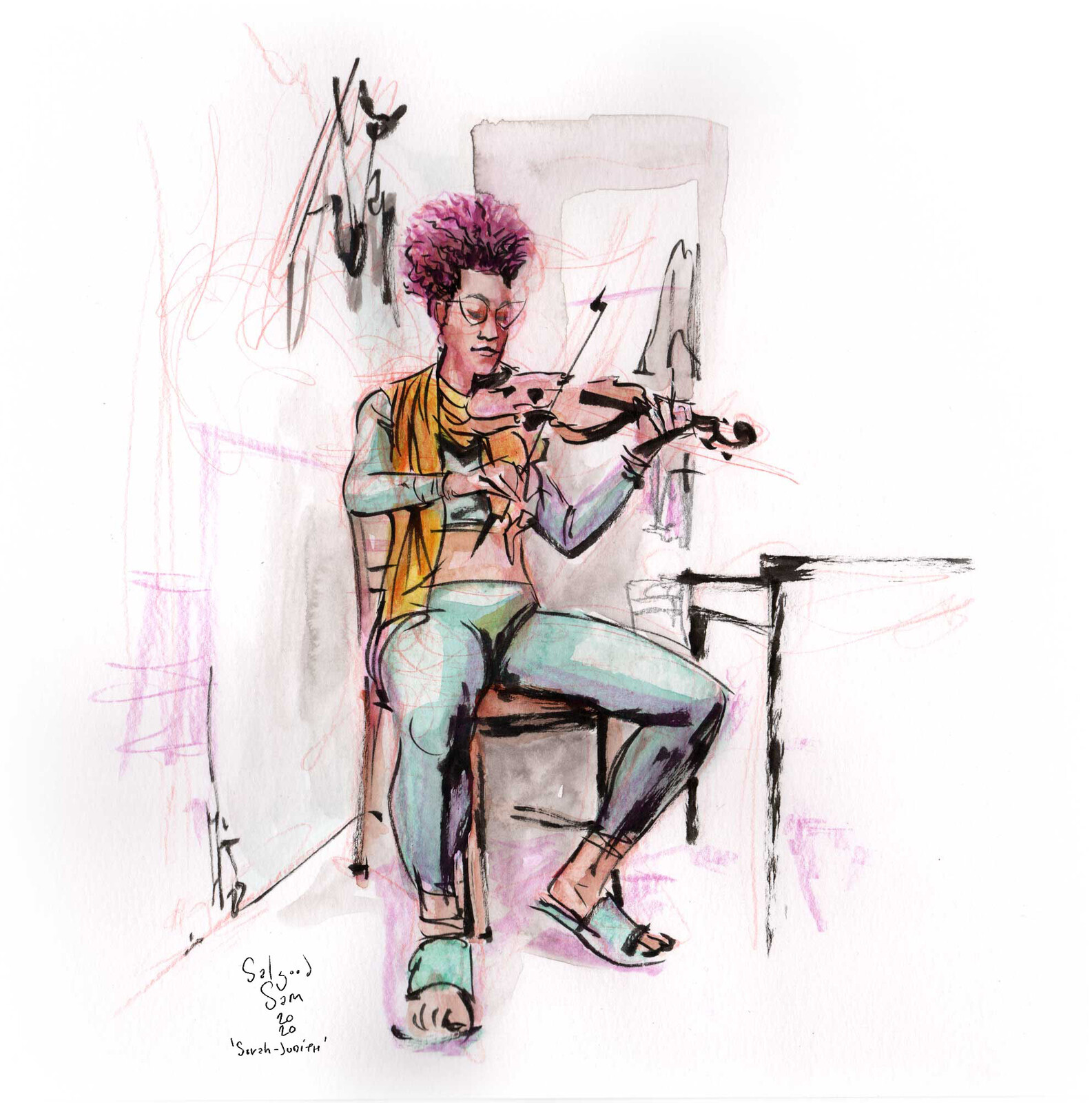 Sarah-Judith Kayiri in col-erase, watercolor and brushpen.