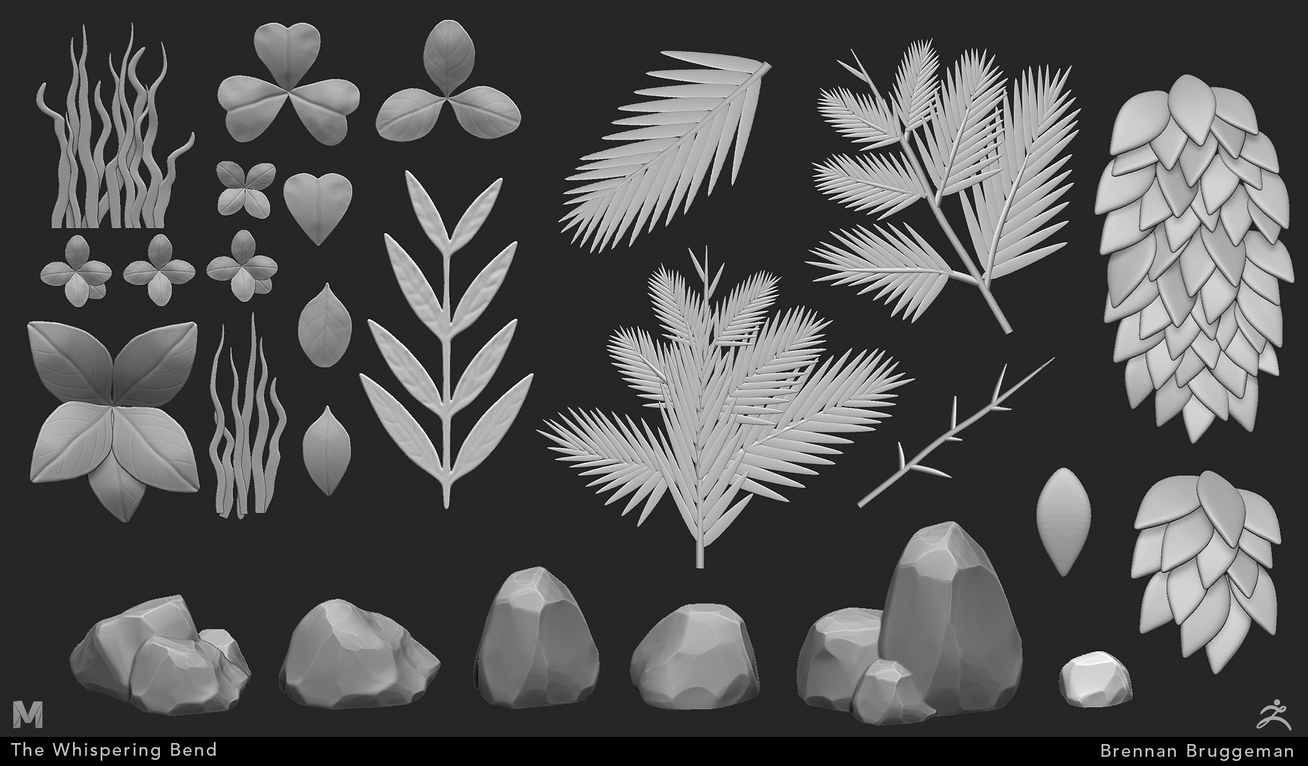 High poly sculpts for foliage, tree branches, and rocks created in Zbrush
