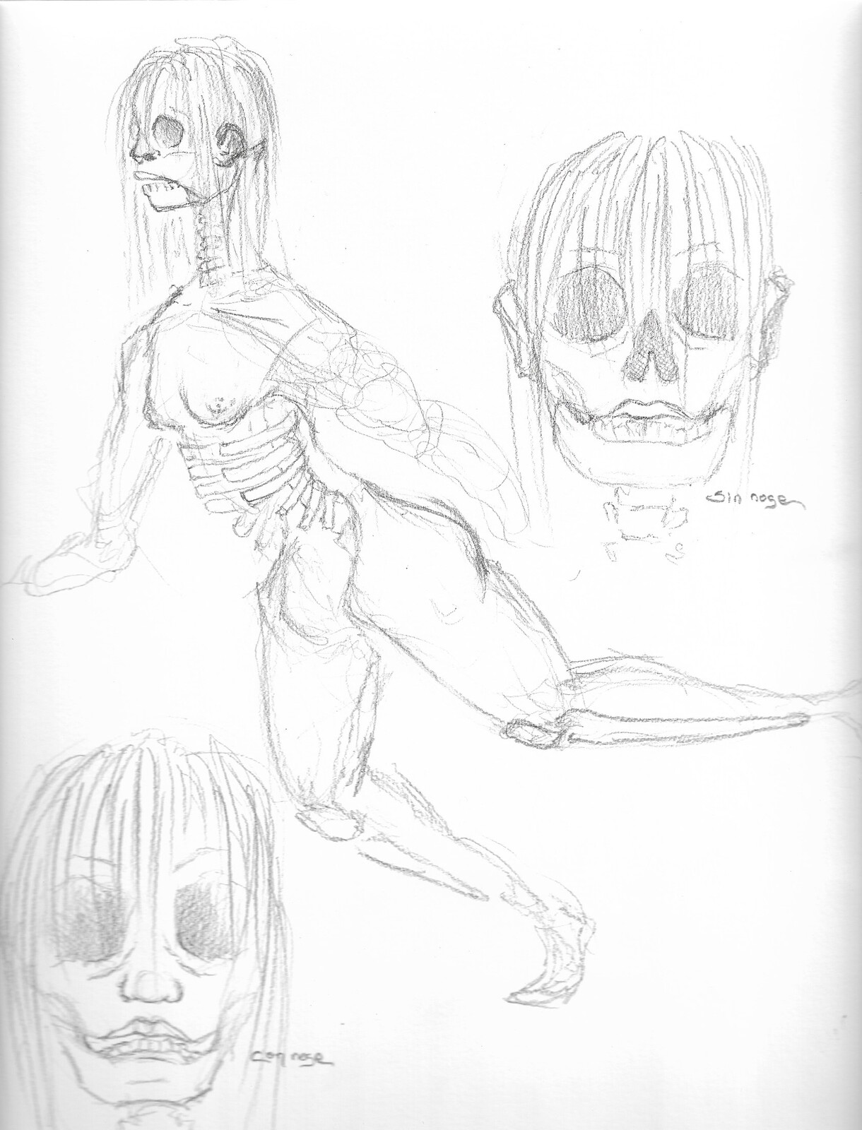 Early designs for Nothing explored the idea of a reanimated corpse. Portions of her would no longer exist, but feminine features like her breasts, legs, and hair would remain. 