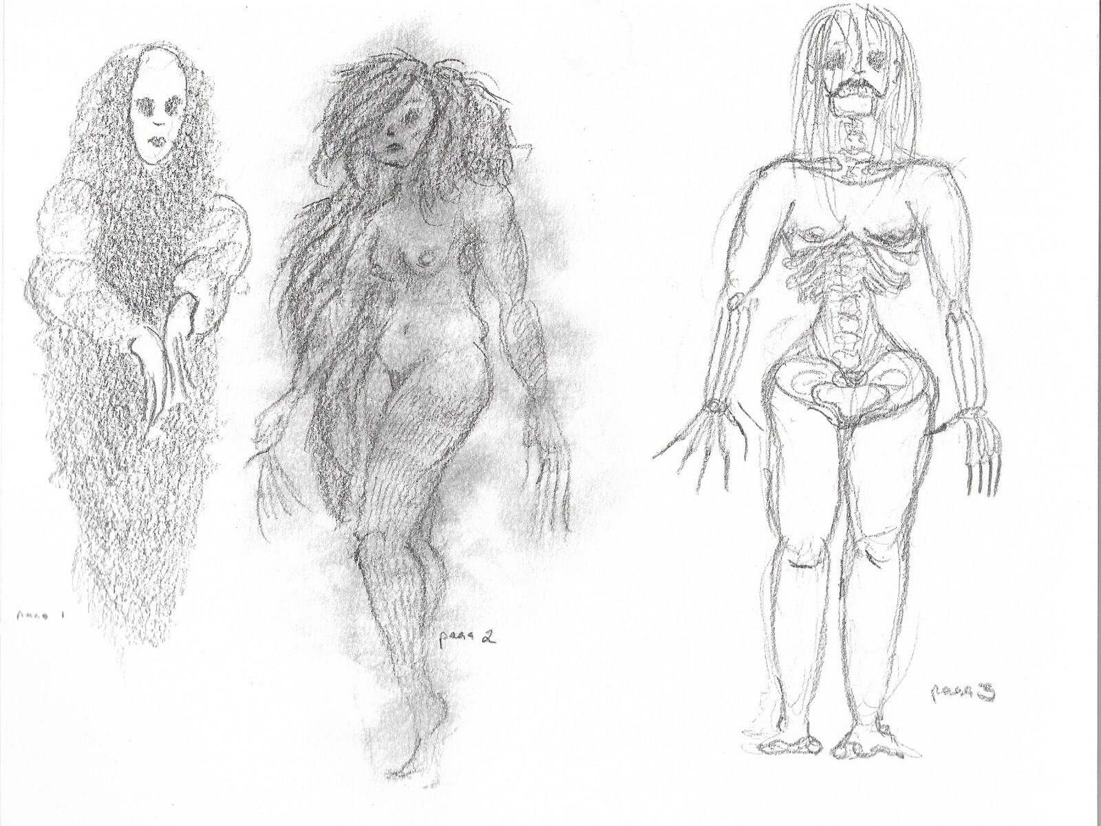 Three initial concepts for Nothing. One inspired by No Face from "Spirited Away", one inspired by Banshees and Lady Godiva, and the third inspired by zombies and reanimated corpses. 