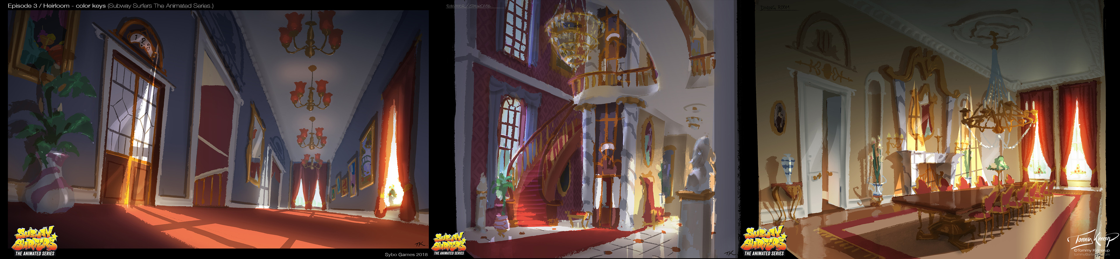 Int. Mansion. Hallway, staircase, dining room.