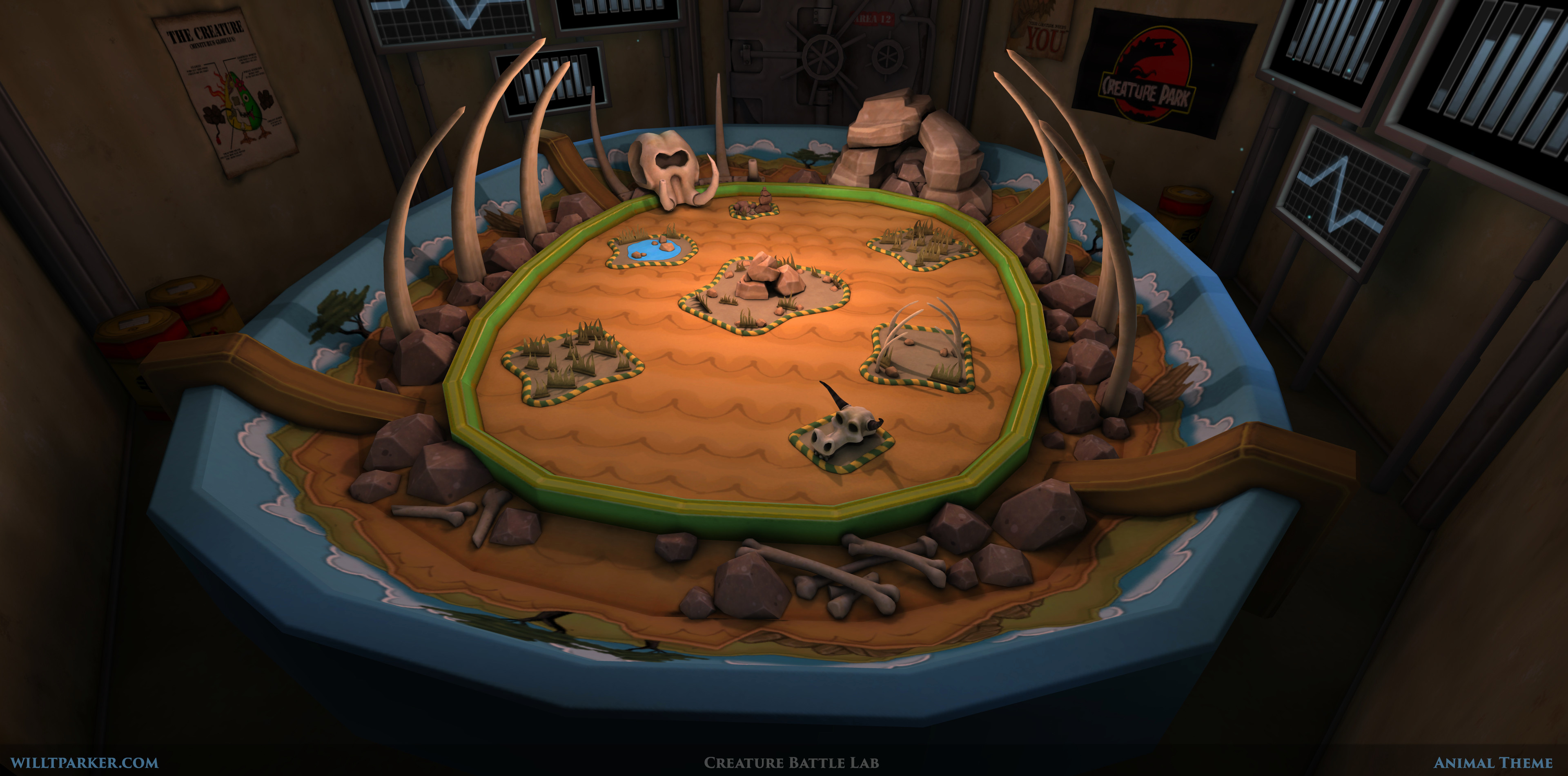 Lighting, modelling and texturing of all assets on outer ring of arena (excluding large ivory tusks and cave), authored several models in main ring of arena.