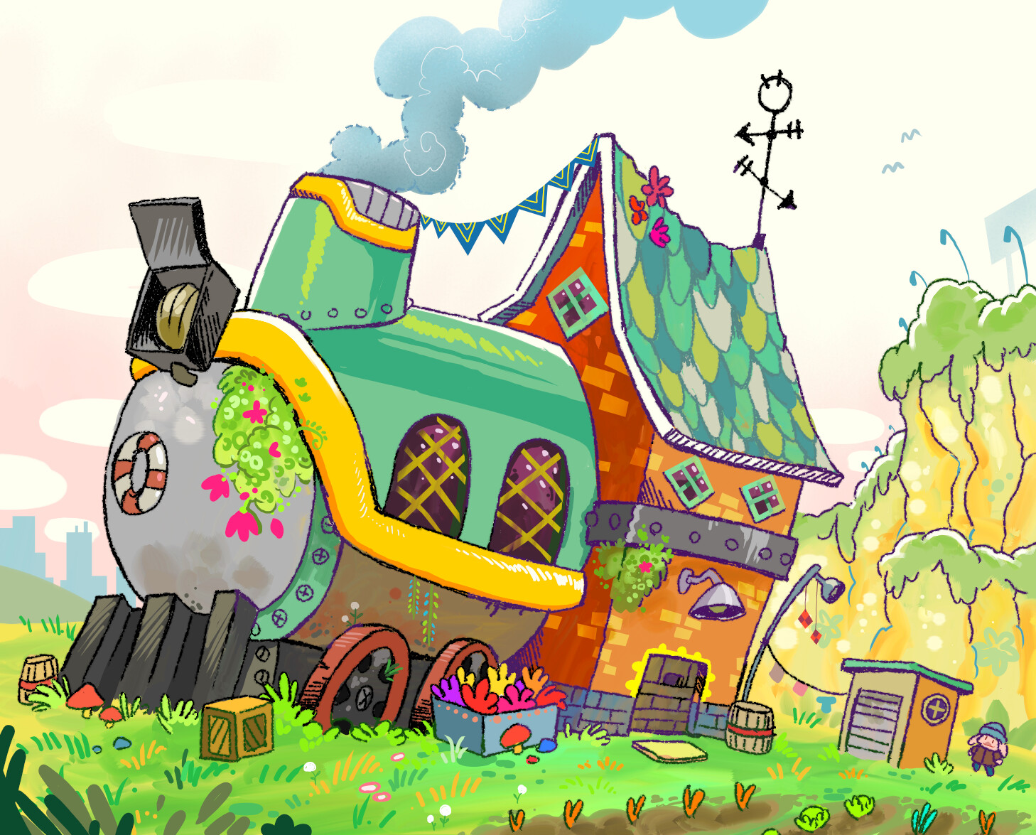 Saskia's house. Which is technically a broken down train on the outskirts of town that she moved into one day cause nobody said she couldnt
