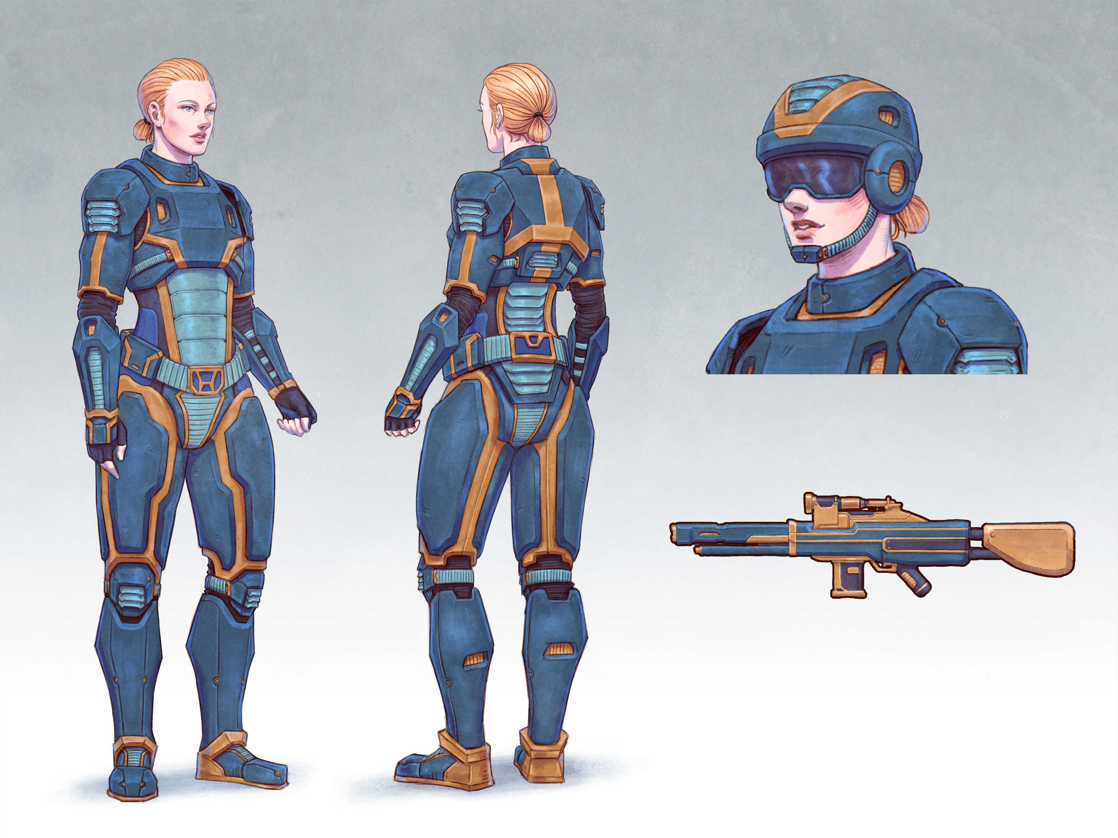 Final concept, with a helmet variation and weapon concept.