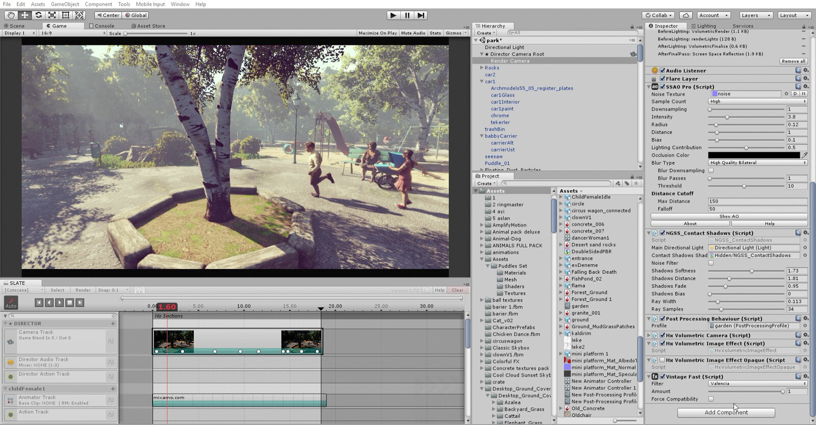 Unity3D's rendering capabilities weren't enough for real-time animation in 2017. So, I've used serious amount of Post-processing. ( "Scion" for lens effects,  "Colorful" for color grading, "SSAO" for ambient occlusion, "NGGS" for soft shadows )