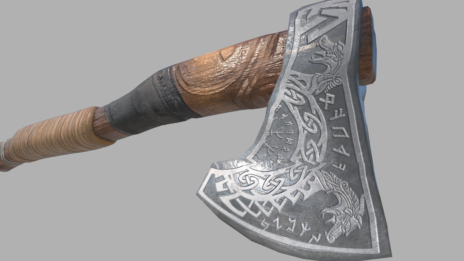 Runes and decorations are carved.