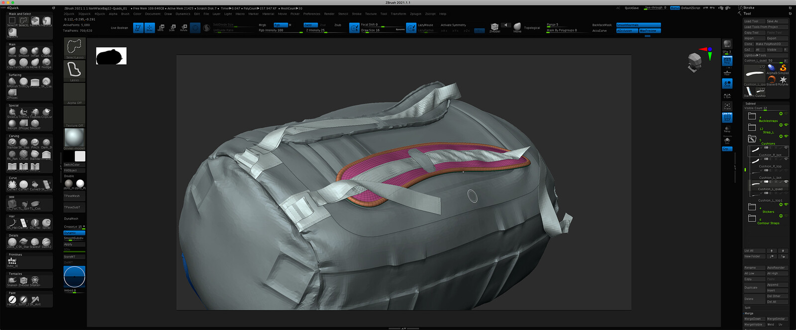 Despite Marvelous ability to export quads, many pieces have to be repologized and re-UVed in Zbrush. Check the difference between the cushion shoulder straps here! I also do quick roundtrips to 3DCoat for UVs.