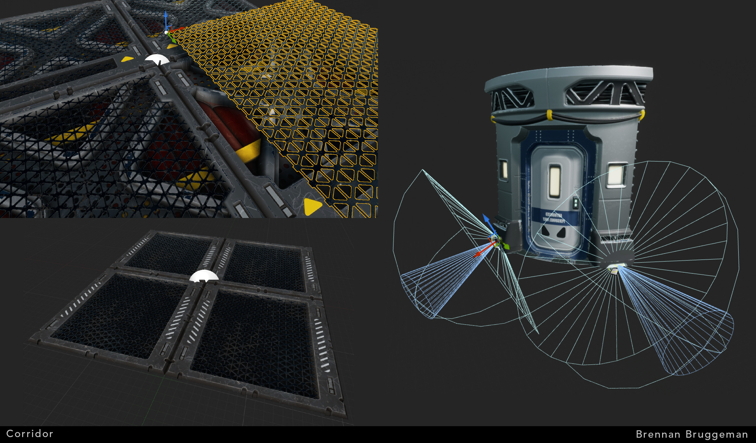 Using UE4 Blueprints, I created modular asset groups such as floor tiles overlayed with a grate material, and wall pieces with light sources.